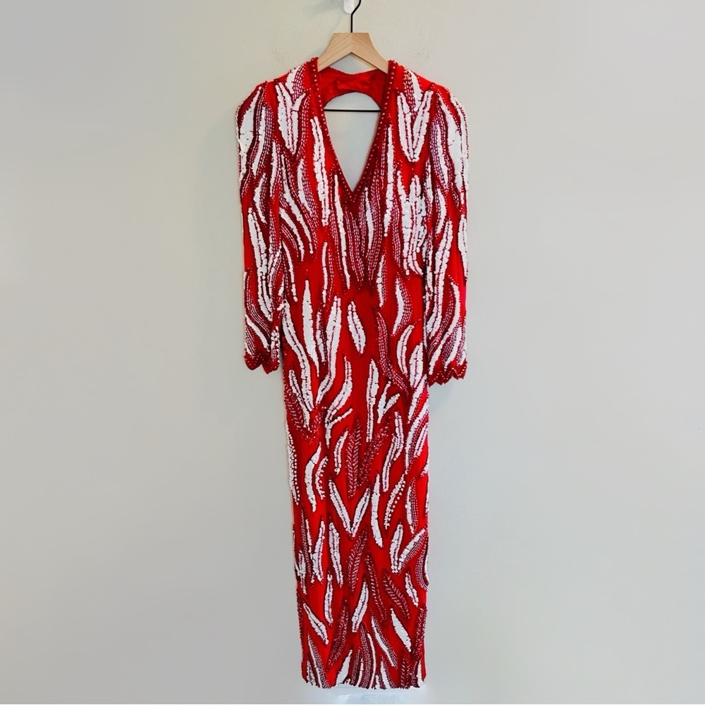 Sho Max Originals Red Beaded Gown Size Small Vintage Dress Long Black Tie Prom